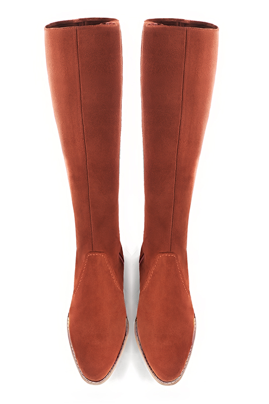 Terracotta orange women's riding knee-high boots. Round toe. Low leather soles. Made to measure. Top view - Florence KOOIJMAN